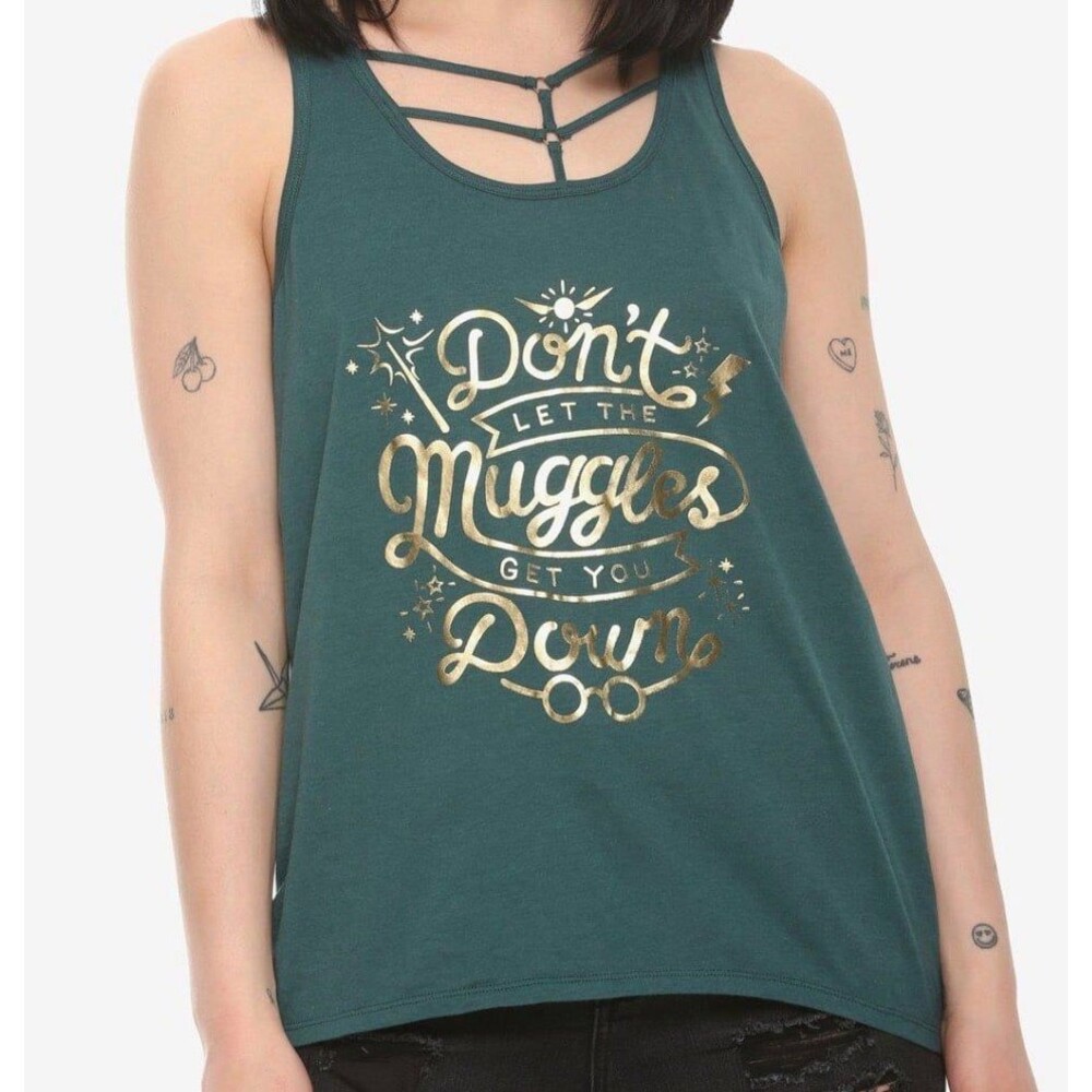 teal Harry Potter tank top features a silver foil graphic sz M